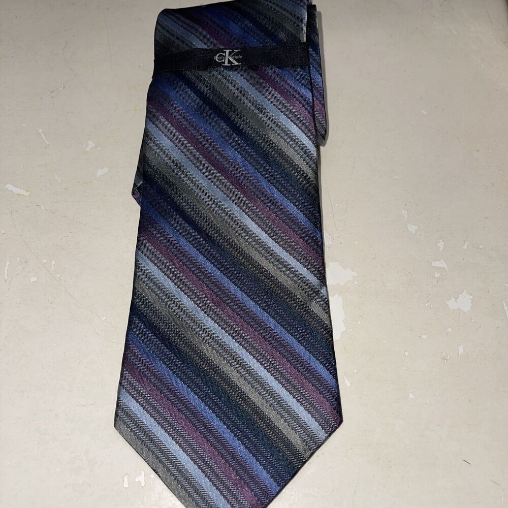 Ck Calvin Klein Striped Necktie Purple Navy Gray 100% Silk